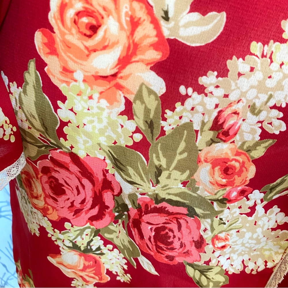 OSCAR DE LA RENTA PINK LABEL cream red green floral print sheer long sleeve robe - Picture 8 of 10